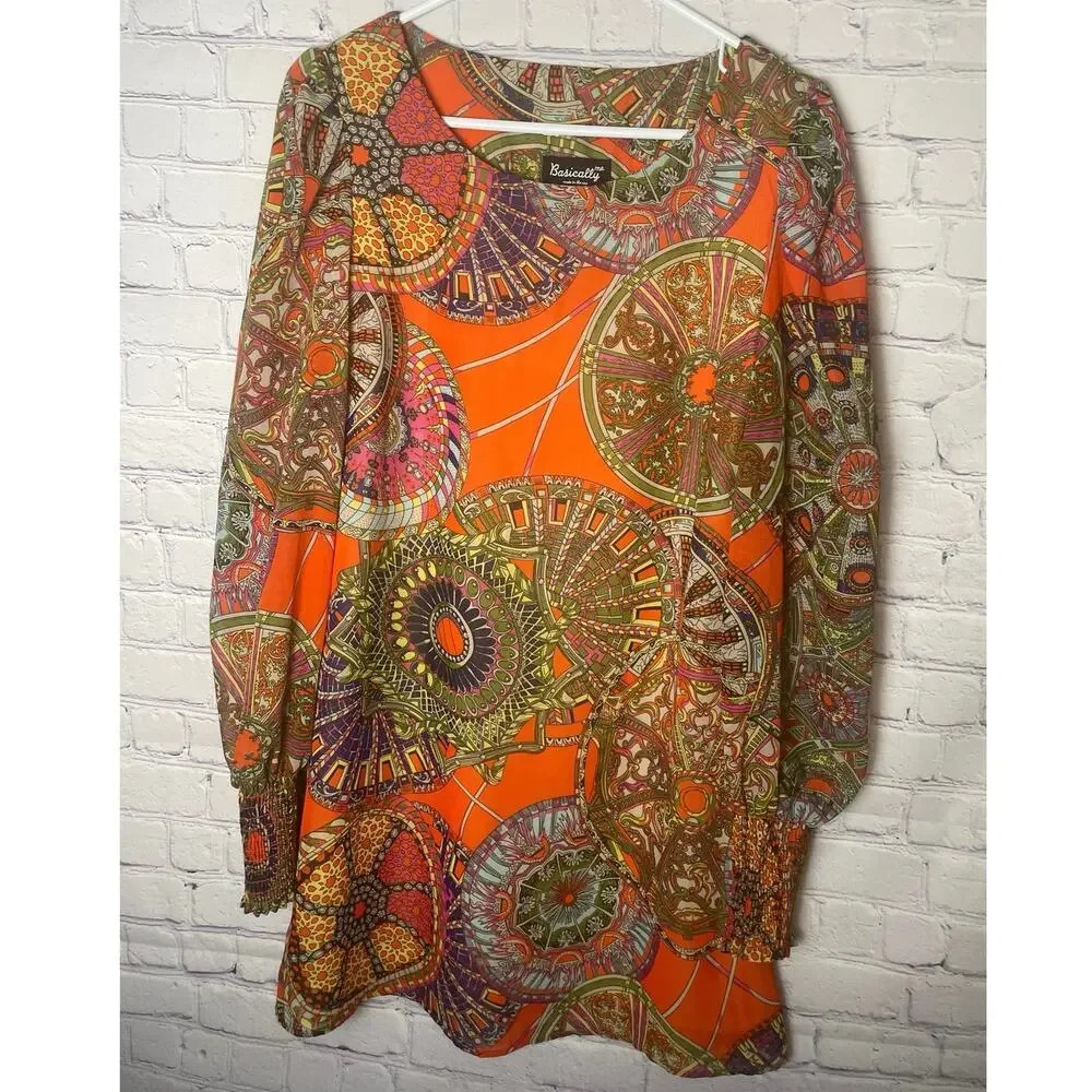 Basically Me Multicolor Pin Wheel Design Cinched Long Sleeve Midi Dress W Size S